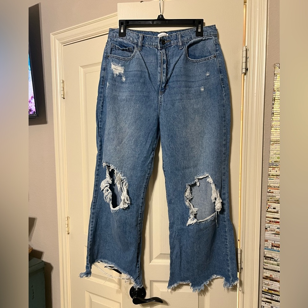Sneak Peek Blue Distressed Wide-Leg Jeans with Knee Rips 11 / 30
